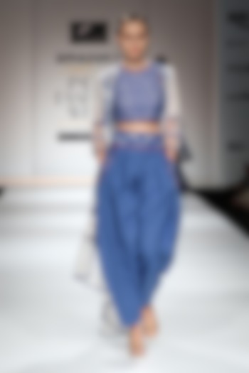 Indigo block printed dhoti pants with crop top and white asymmetrical cape available only at Pernia's Pop Up Shop.