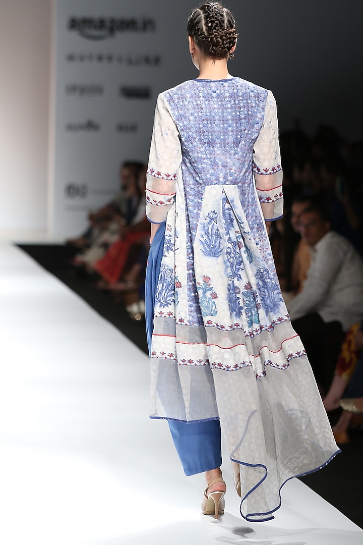 Indigo block printed dhoti pants with crop top and white asymmetrical cape available only at Pernia's Pop Up Shop.