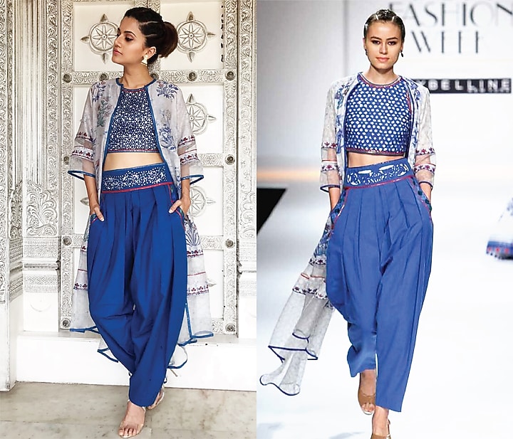 Indigo block printed dhoti pants with crop top and white asymmetrical cape available only at Pernia's Pop Up Shop.