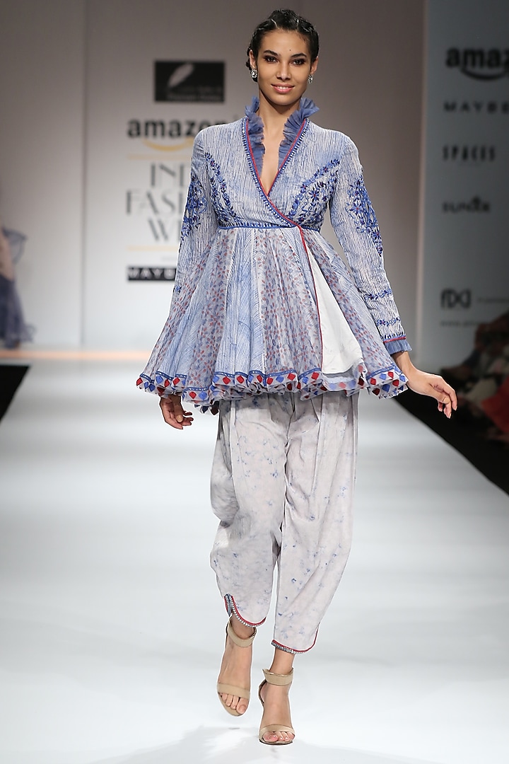 Indigo and White Block Printed Angrakha Tunic with Salwar Pants by Poonam Dubey Designs
