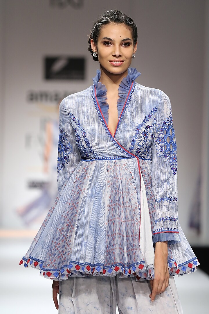 Indigo and white block printed angrakha tunic with salwar pants available only at Pernia's Pop Up Shop.