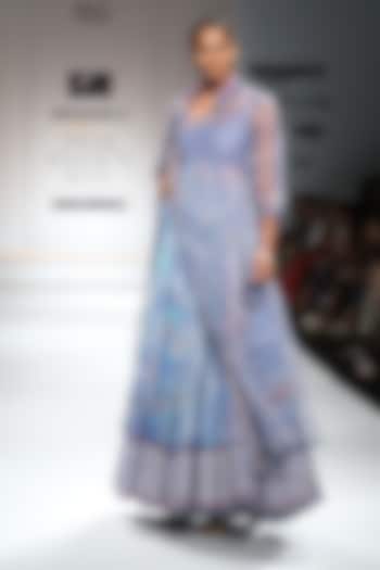 Indigo and White Block Printed Anarkali with Jacket by Poonam Dubey Designs