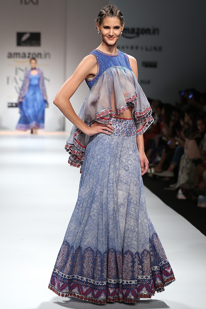 Indigo, Red and White Block Printed Lehenga Skirt with Asymmetrical Top by Poonam Dubey Designs