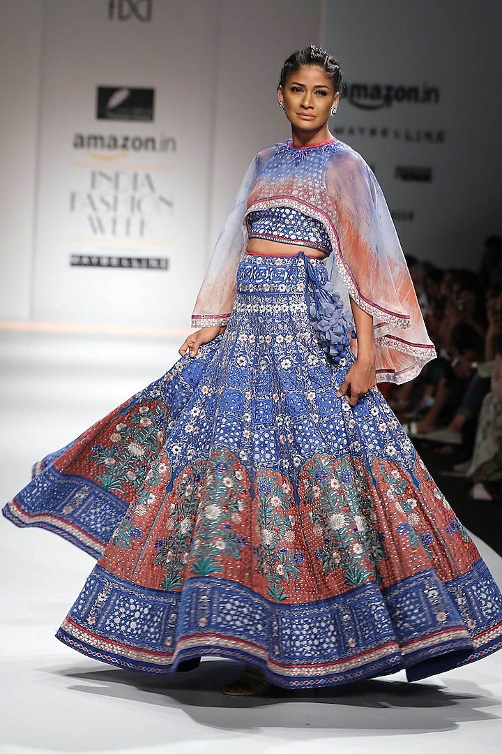 Indigo and Red Block Printed Lehenga with Cape Crop Top by Poonam Dubey Designs