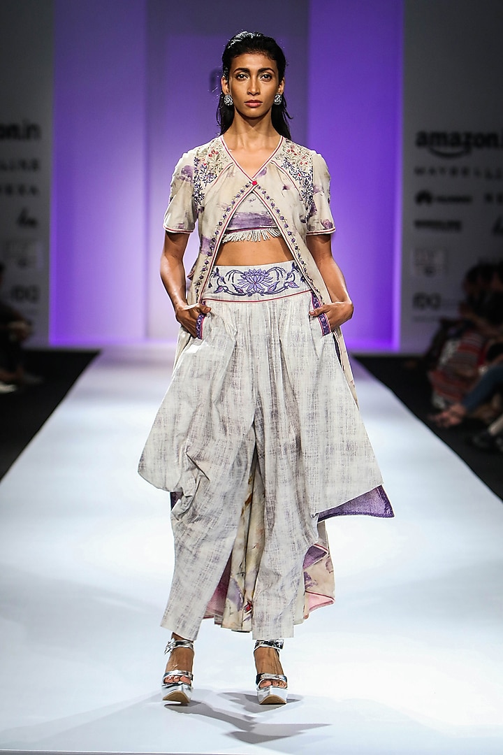 Beige Front Open Floral Print Jacket with Crop Top and Cowl Pants by Poonam Dubey Designs