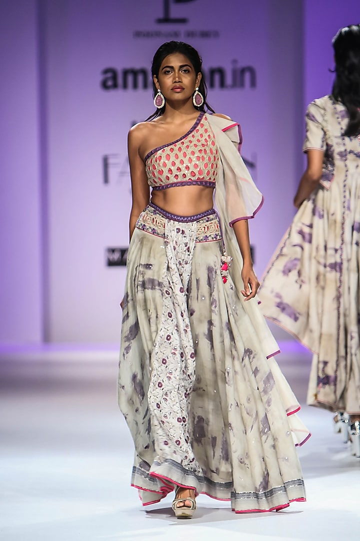 Beige One Shoulder Embroidered Crop Top with Digital Floral Print Skirt by Poonam Dubey Designs