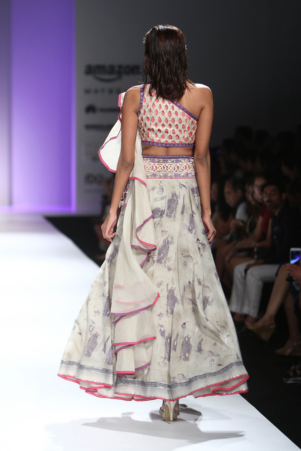 Beige one shoulder embroidered crop top with digital floral print