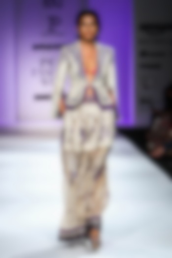 Beige and Purple Short Front Open Jacket with Long Pleated Skirt by Poonam Dubey Designs