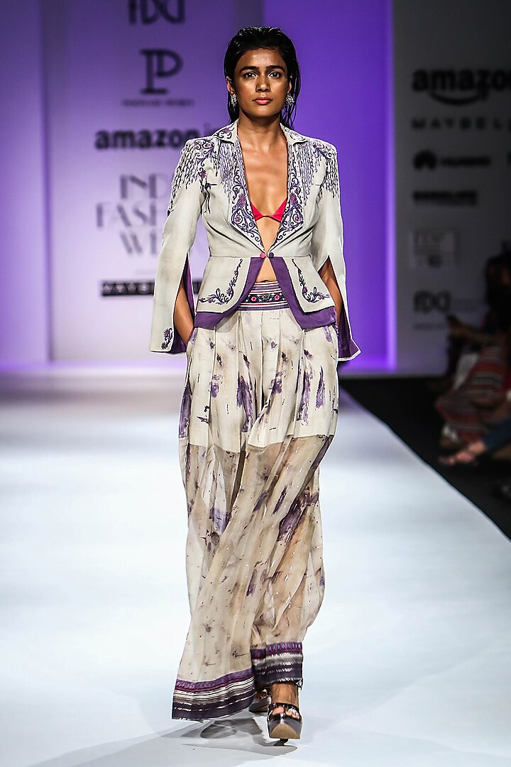Beige and Purple Short Front Open Jacket with Long Pleated Skirt by Poonam Dubey Designs