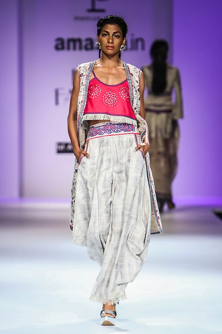 Beige and Hot Pink Floral Print Crop Top with Cape and Dhoti Pants by Poonam Dubey Designs