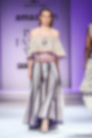 Beige and Purple Off Shoulder Embroidered Top with Striped Skirt by Poonam Dubey Designs
