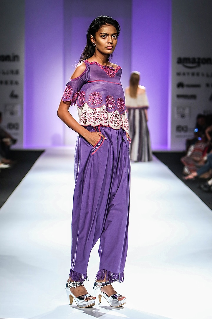 Purple Cold Shoulder Embroidered Top with Dhoti Pants by Poonam Dubey Designs