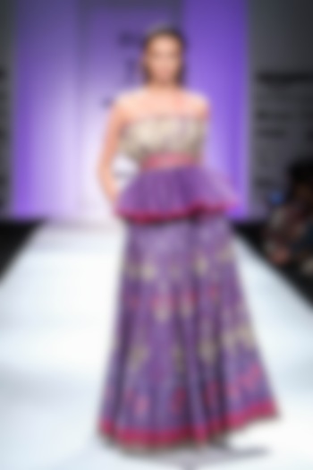 Purple and Beige Off Shoulder Top with Embroidered Pleated Skirt and Belt by Poonam Dubey Designs