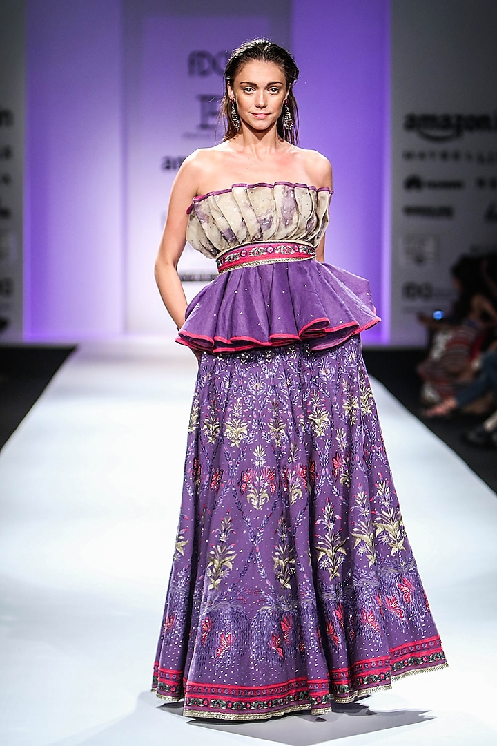 Purple and Beige Off Shoulder Top with Embroidered Pleated Skirt and Belt by Poonam Dubey Designs
