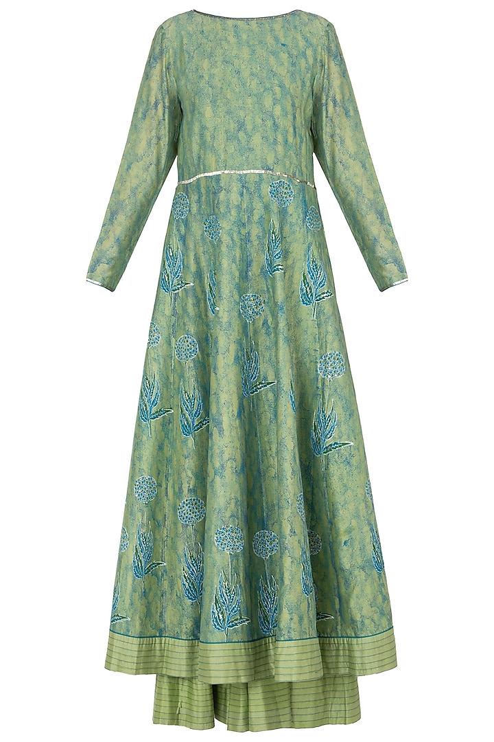 Blue and Green Embroidered Anarkali Gown by Poonam Dubey Designs