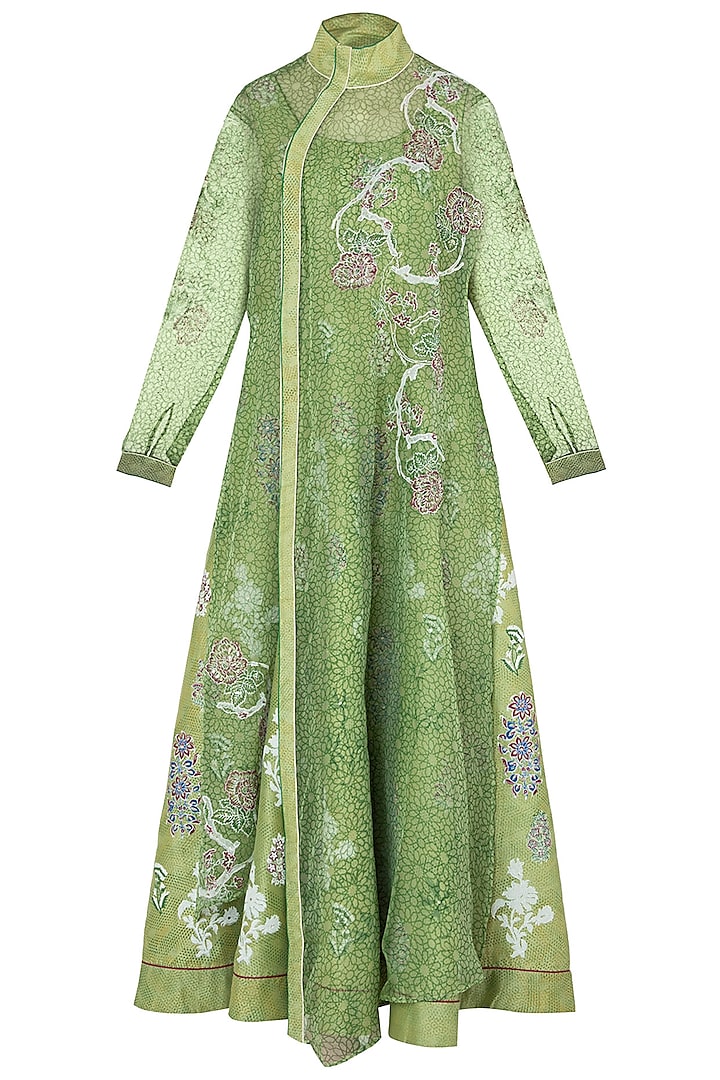 Green Block Printed Anarkali with Jacket by Poonam Dubey Designs