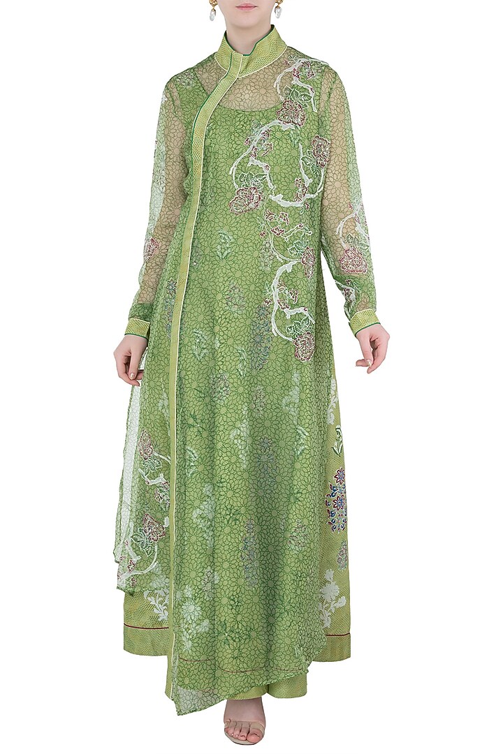 Green block printed anarkali with jacket available only at Pernia's Pop Up Shop.