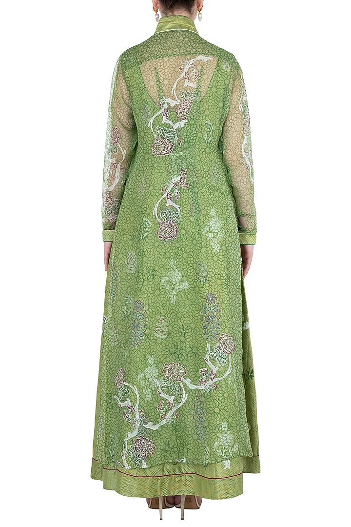 Green block printed anarkali with jacket available only at Pernia's Pop Up Shop.