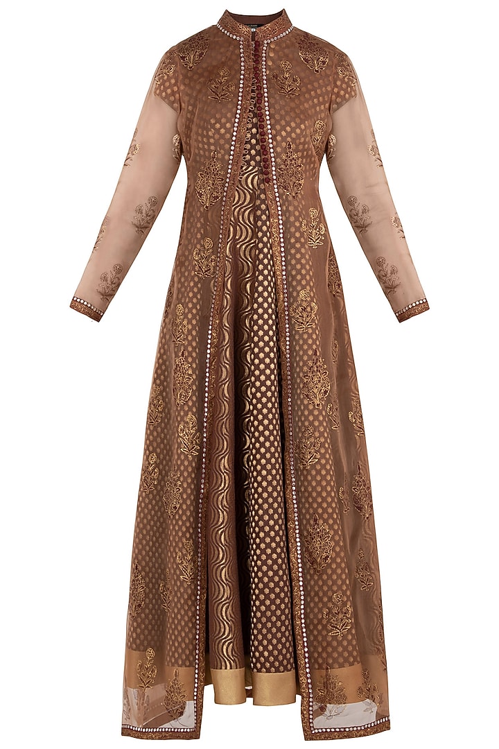 Brown and beige anarkali gown with jacket available only at Pernia's Pop Up Shop.