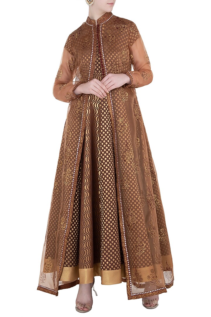 Brown and beige anarkali gown with jacket available only at Pernia's Pop Up Shop.