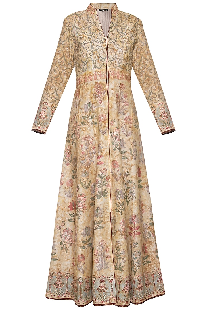 Beige printed front open anarkali gown by Poonam Dubey Designs