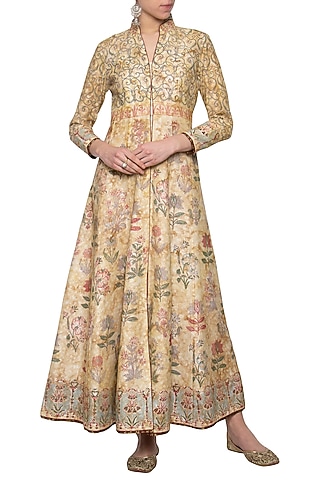 Beige printed front open anarkali gown by Poonam Dubey Designs