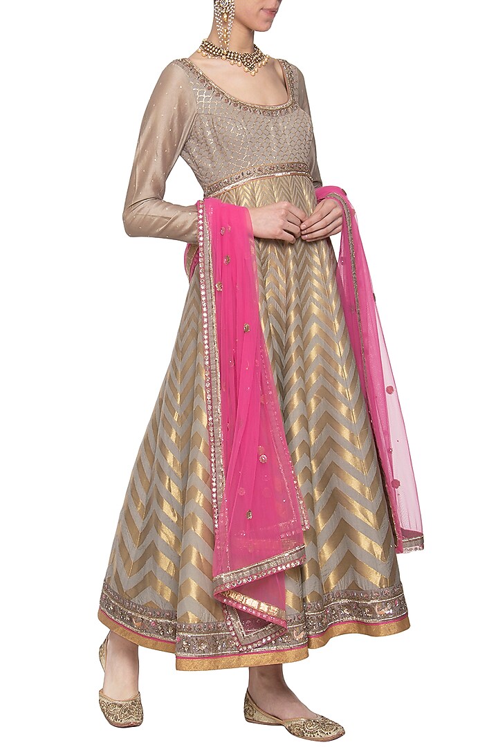 Grey banarasi Bridal Anarkali gown set by Poonam Dubey Designs at Pernia's Pop Up Shop