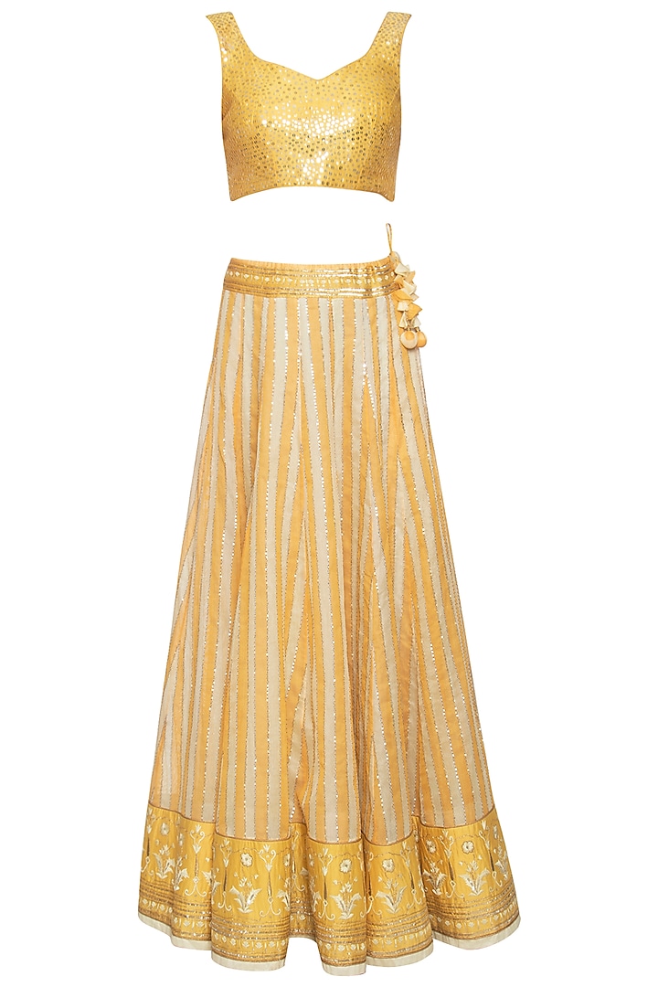Yellow banarasi lehenga skirt with blouse and cape by Poonam Dubey Designs