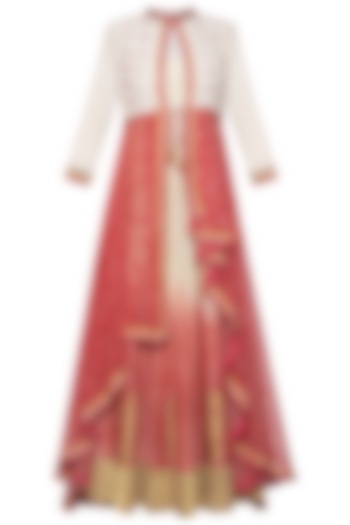 Ivory and red anarkali gown with jacket by Poonam Dubey Designs