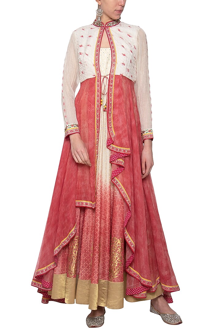 Ivory and red Wedding Anarkali gown with jacket by Poonam Dubey Designs at Pernia's Pop Up Shop