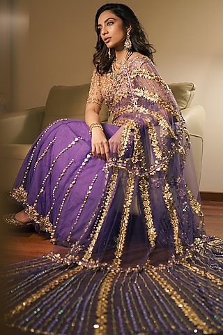 Purple Tulle Pre-Stitched Embellished Saree Set by Papa don't preach By Shubhika