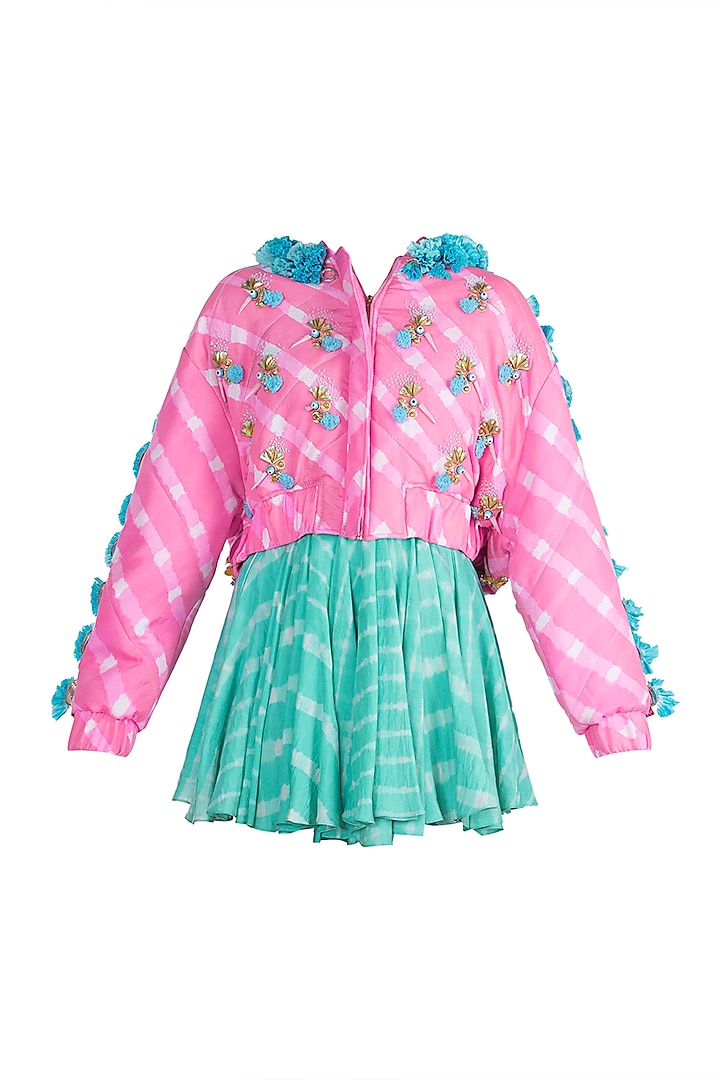 Mint Embroidered Leheriya Dress With Bubblegum Pink Bomber Jacket by Papa Don't Preach by Shubhika at Pernia's Pop Up Shop