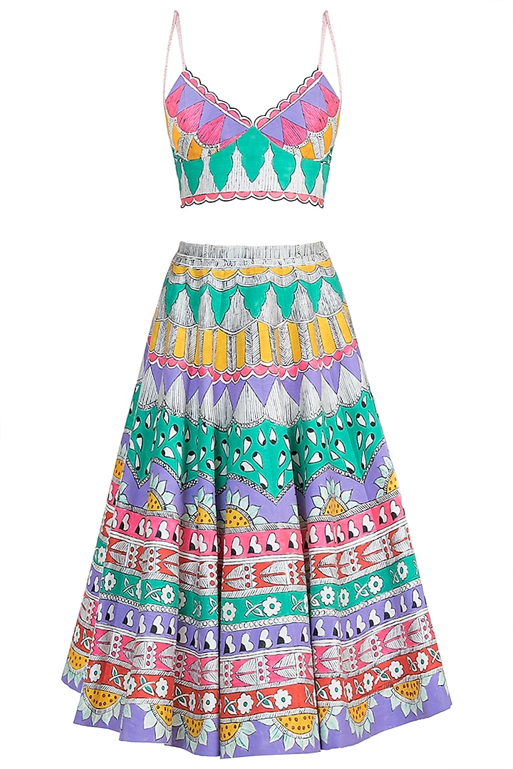 Multi Colored Hand Painted Wedding Lehenga Set by Papa Don't Preach by Shubhika at Pernia's Pop Up Shop