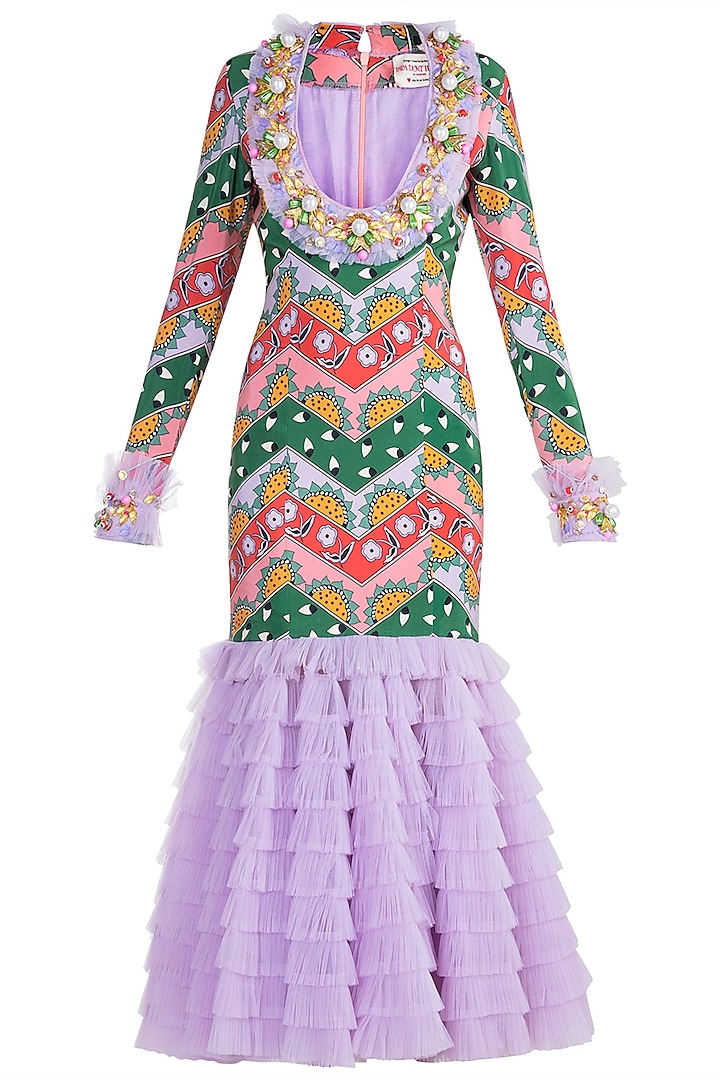 Pink & Green Embroidered & Printed Ruffled Bodycon Dress by Papa Don't Preach by Shubhika