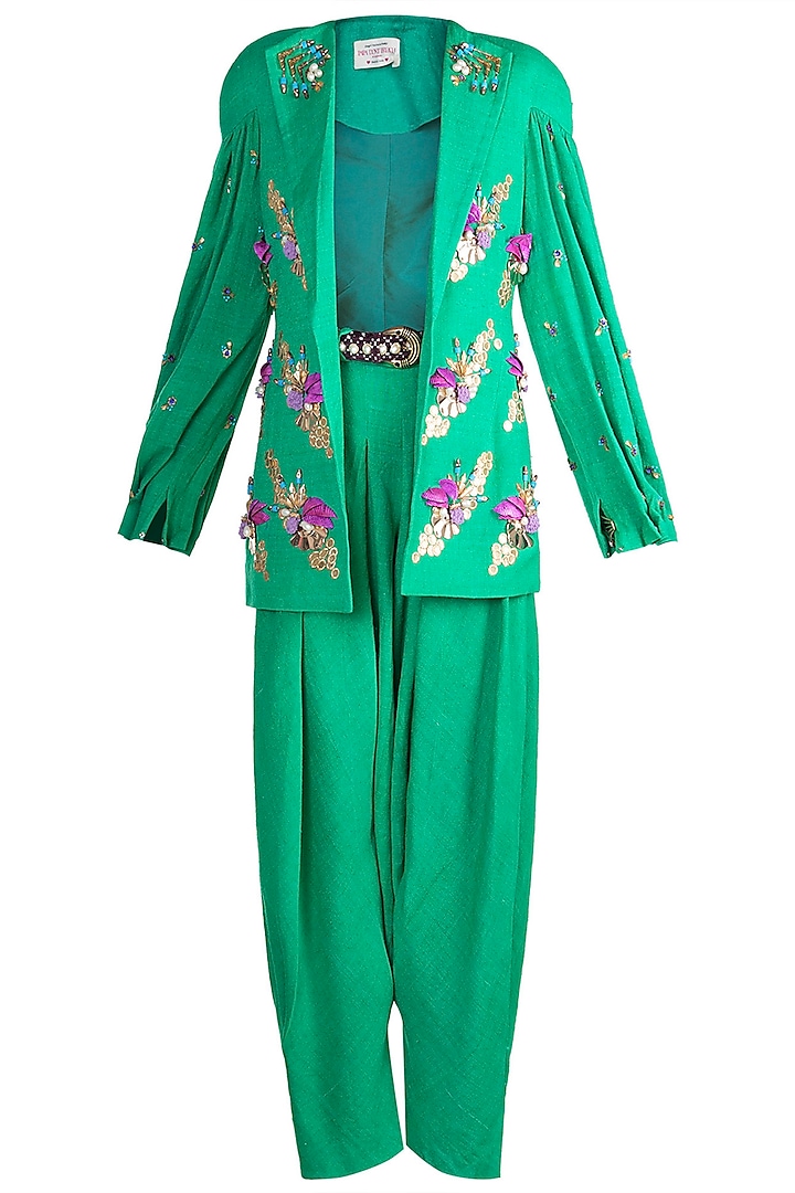 Green Embroidered Jacket & Drape Dhoti Pants by Papa Don't Preach by Shubhika