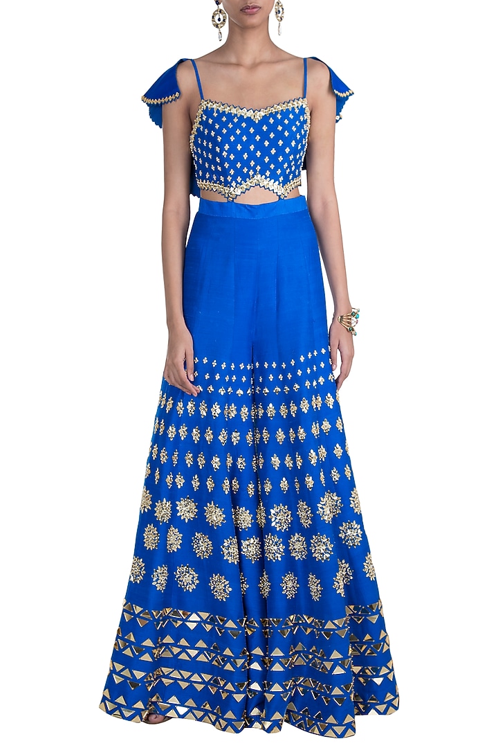 Electric Blue Embroidered Ruffled Jumpsuit With Belt by Papa Don't Preach by Shubhika at Pernia's Pop Up Shop