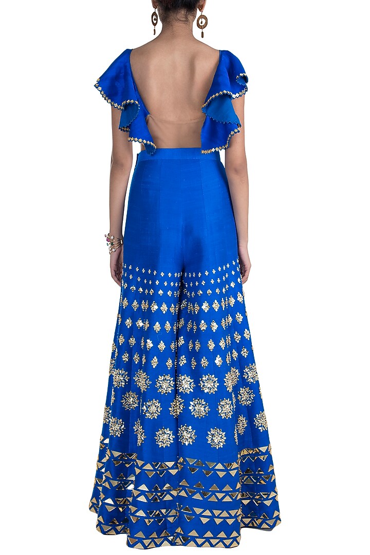 Electric Blue Embroidered Ruffled Jumpsuit With Belt by Papa Don't Preach by Shubhika at Pernia's Pop Up Shop