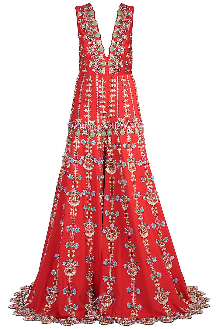 Tomato Red Embroidered Jumpsuit by Papa Don't Preach by Shubhika