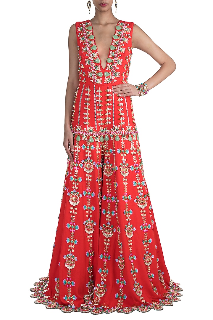 Tomato Red Embroidered Jumpsuit by Papa Don't Preach by Shubhika at Pernia's Pop Up Shop