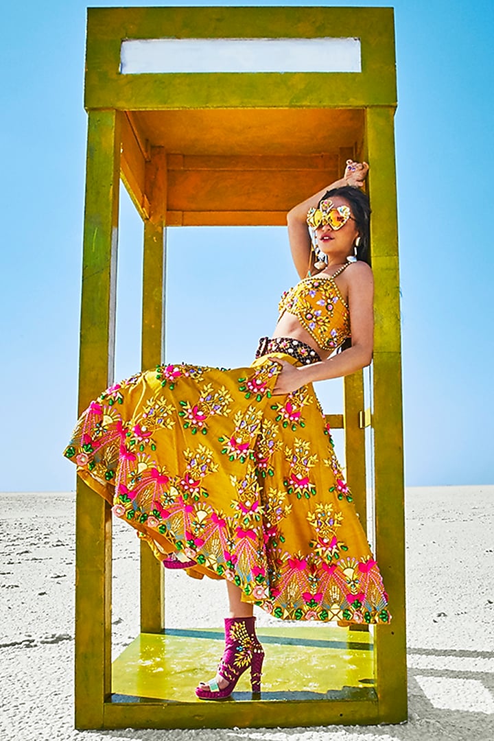 Mustard Embroidered Short Lehenga Set by Papa Don't Preach by