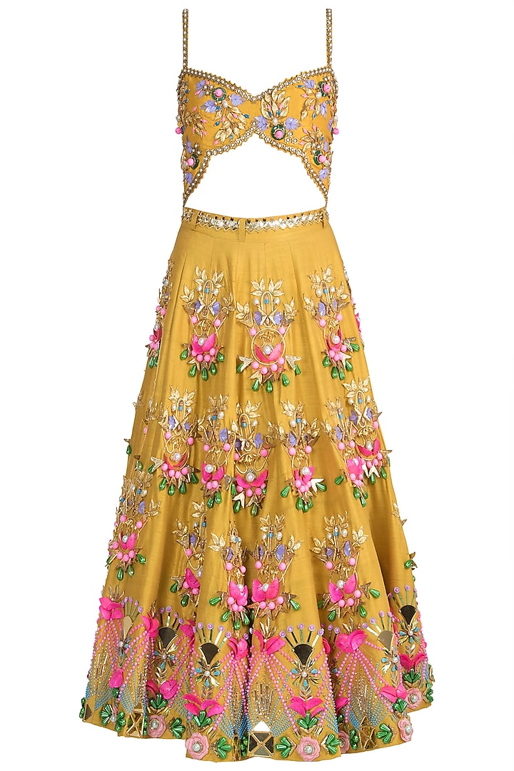 Mustard Embroidered Short Lehenga Set by Papa Don't Preach by Shubhika