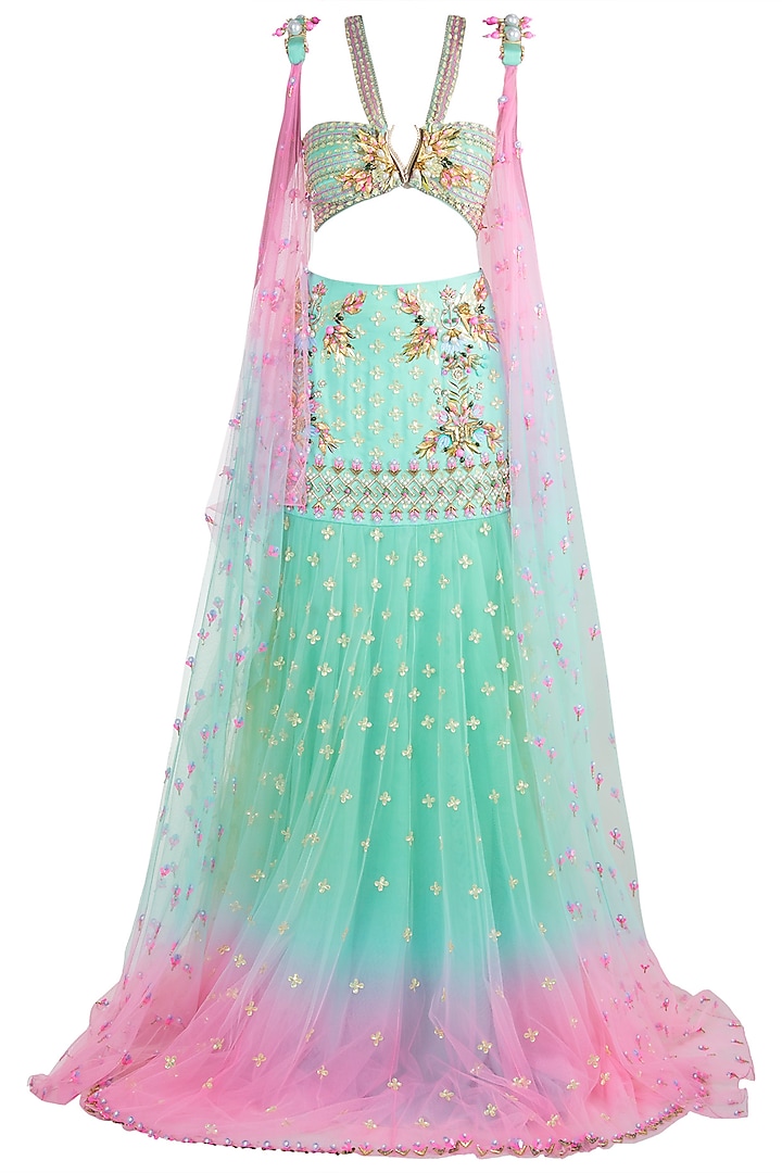 Light Blue & Pink Embroidered Ombre Saree Set by Papa Don't Preach by Shubhika