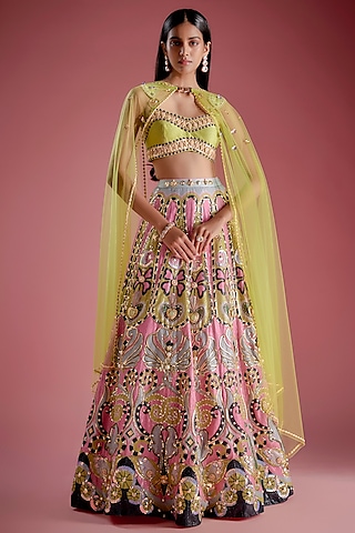 Pink Sequins Printed & Pearl Embroidered Lehenga Set by Papa Don't Preach by Shubhika