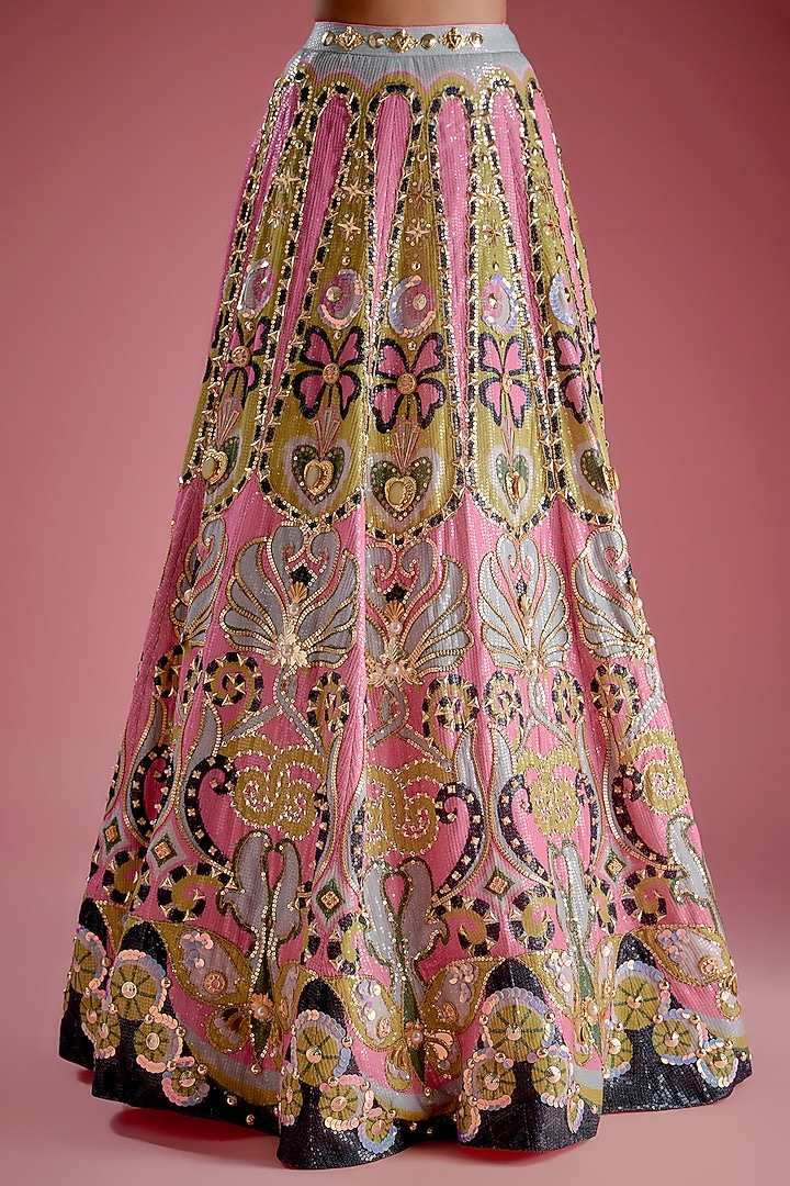 Pink Sequins Printed & Pearl Embroidered Bridal Lehenga Set by Papa Don't Preach by Shubhika at Pernia's Pop Up Shop