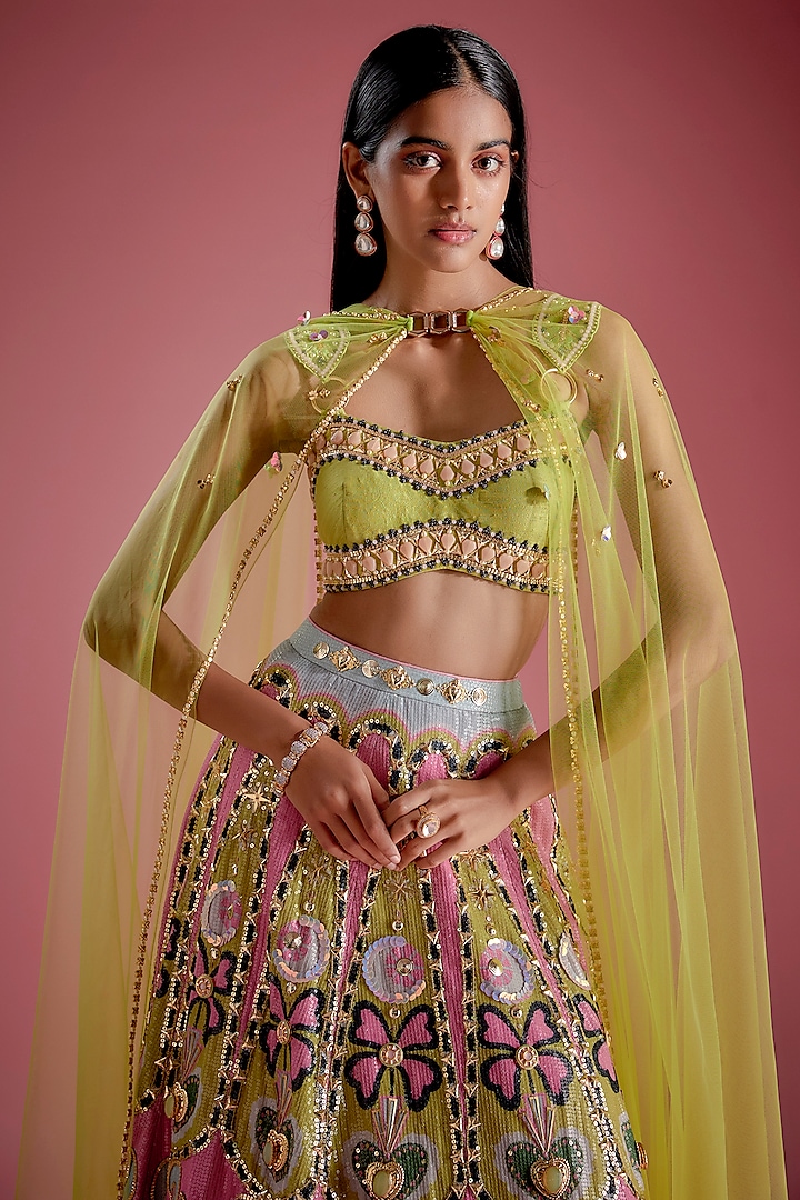Pink Sequins Printed & Pearl Embroidered Bridal Lehenga Set by Papa Don't Preach by Shubhika at Pernia's Pop Up Shop