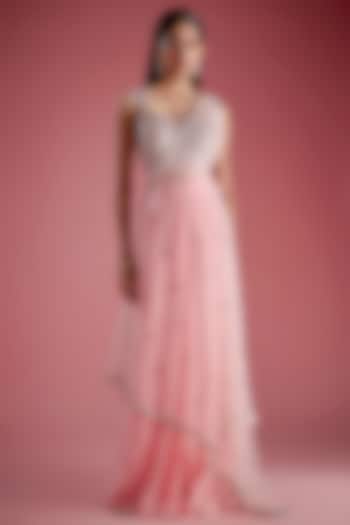 Pink Tulle & Georgette Floral Embroidered Pre-Stitched Draped Reception Saree Set by Papa Don't Preach by Shubhika at Pernia's Pop Up Shop