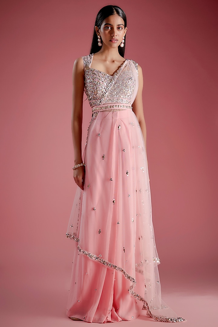 Pink Tulle & Georgette Floral Embroidered Pre-Stitched Draped Reception Saree Set by Papa Don't Preach by Shubhika at Pernia's Pop Up Shop