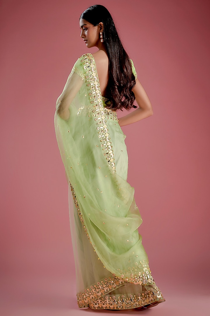 Green Tulle & Organza Crystal Embroidered Pre-Stitched Reception Saree Set by Papa Don't Preach by Shubhika at Pernia's Pop Up Shop