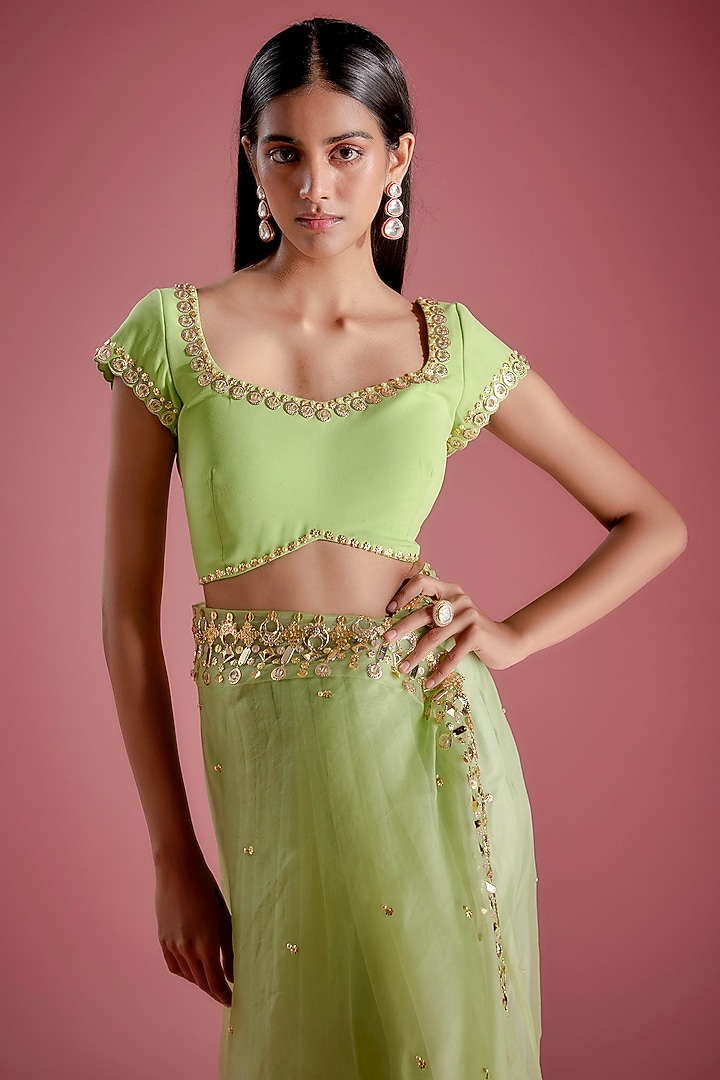 Green Tulle & Organza Crystal Embroidered Pre-Stitched Reception Saree Set by Papa Don't Preach by Shubhika at Pernia's Pop Up Shop