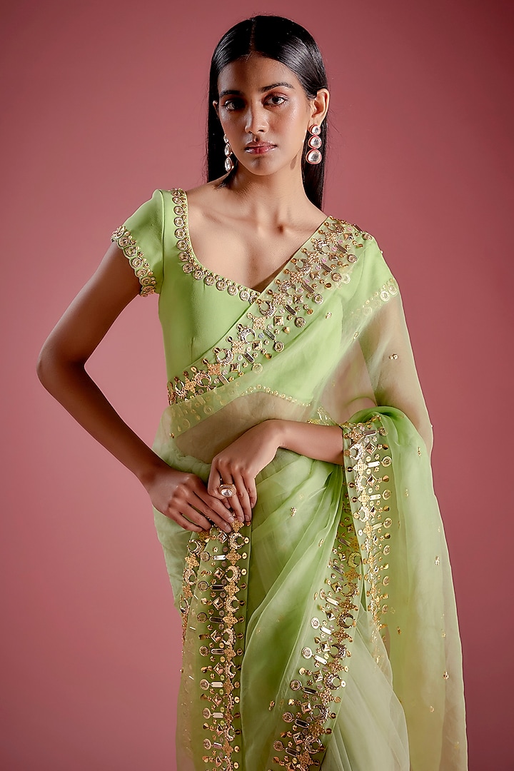 Green Tulle & Organza Crystal Embroidered Pre-Stitched Reception Saree Set by Papa Don't Preach by Shubhika at Pernia's Pop Up Shop